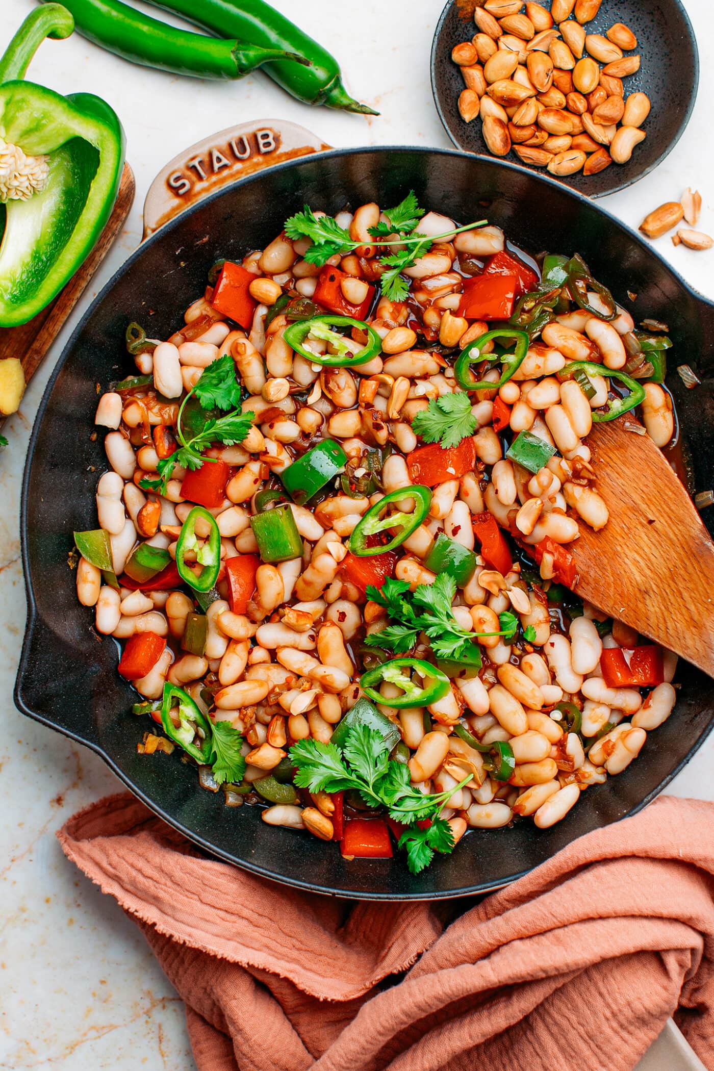 Vegan Kung Pao white beans skillet.