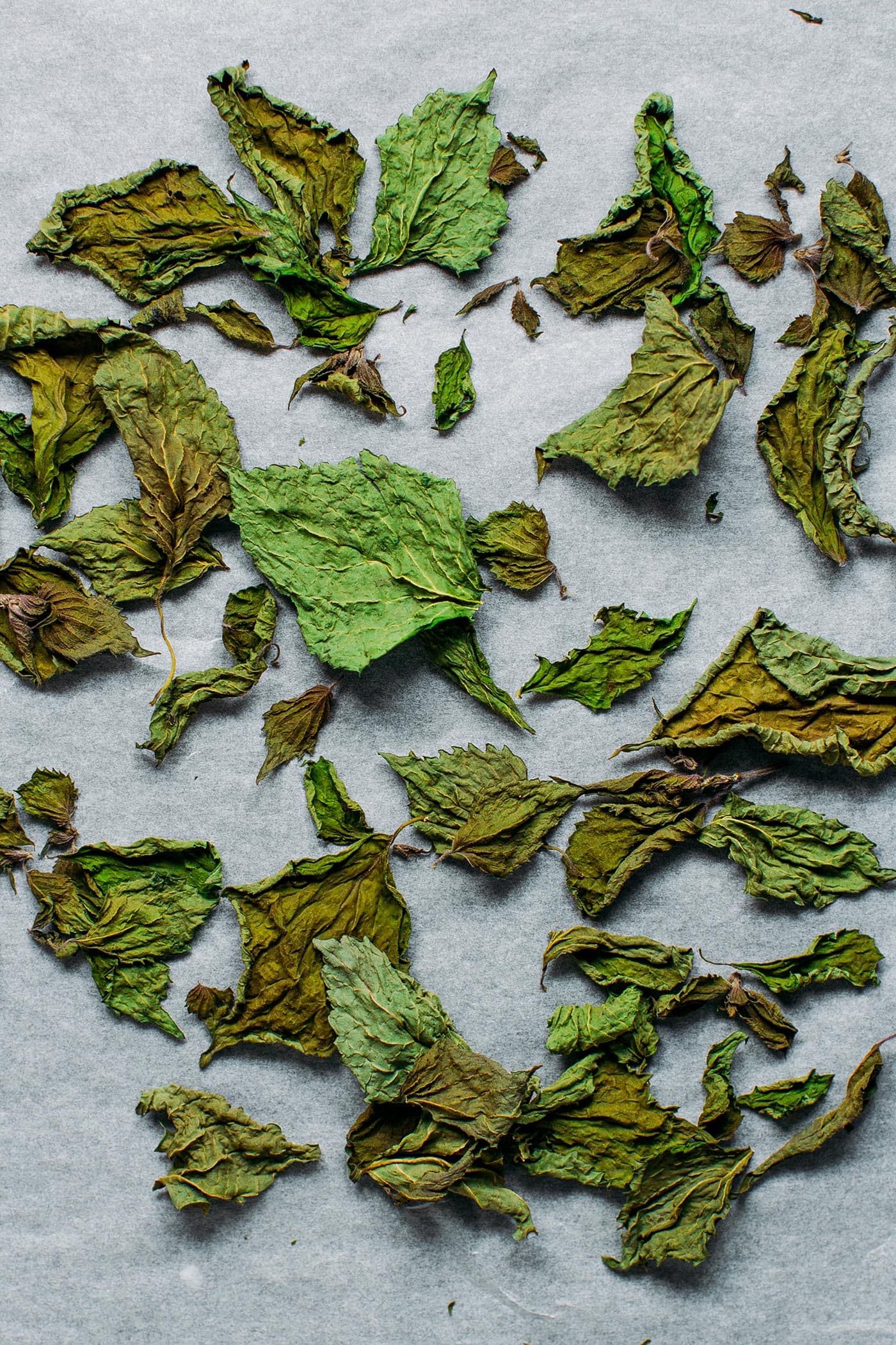Dried shiso leaves on a baking sheet.