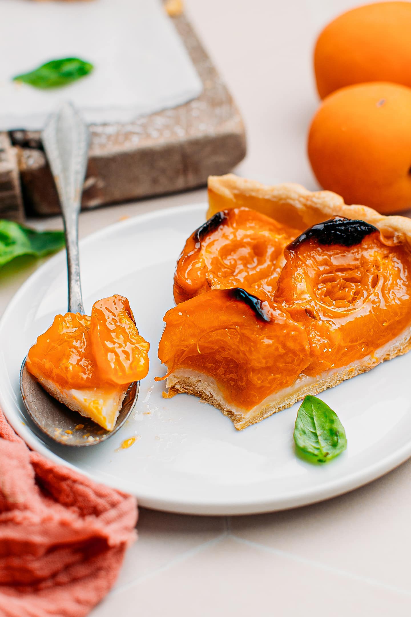 Close-up of a slice of apricot tart.