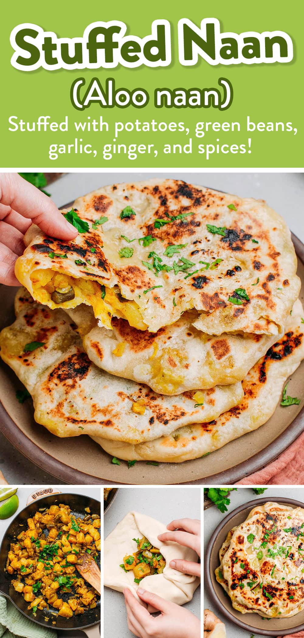 This potato & green bean stuffed naan, called Aloo naan, is thin and SO tender. It's stuffed with a filling made of potatoes and green beans infused with Indian spices and aromatics such as onion, garlic, and ginger. It's savory, buttery, and has a hint of spiciness! #naan